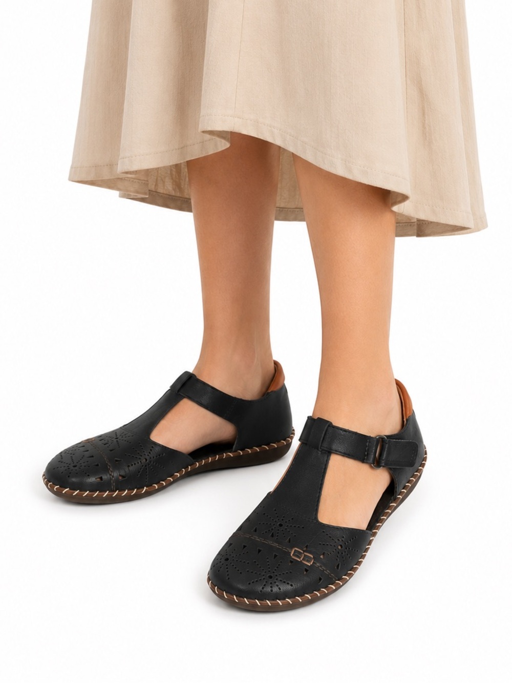 Size US 7 (EU 38) Rieker Women’s Black Leather T-Strap Mary Jane Comfort Flats